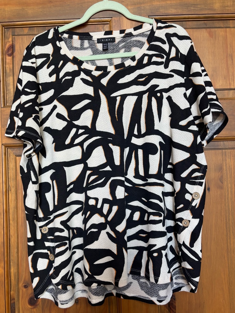 Tribal Black, Cream & Brown Abstract Button-Accent Top in Womens XXL